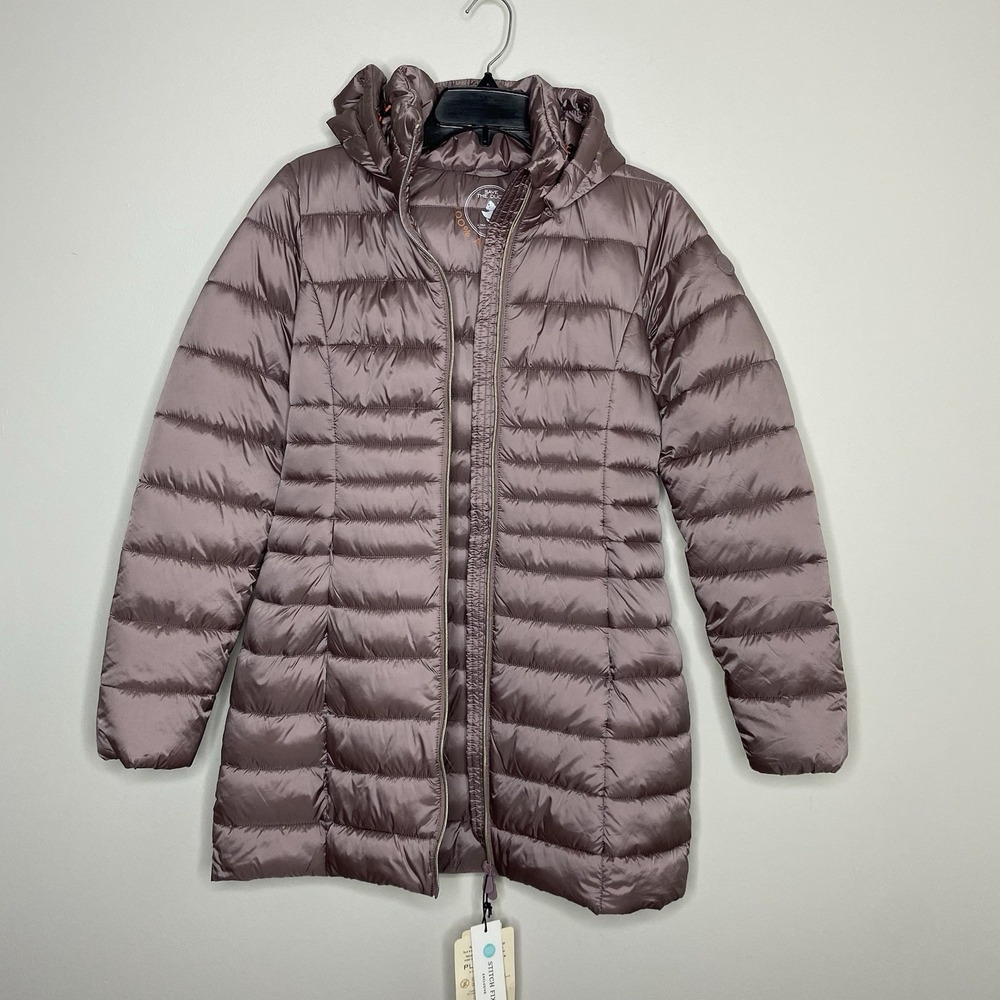 Save The Duck Reese Iris Women XS Hooded Puffer Coat Plumtech Ultra Light Jacket